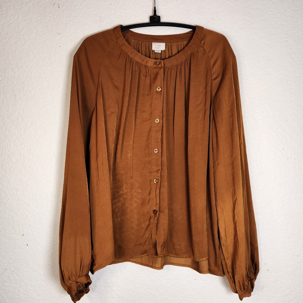 a new day Rust Button-Up‎ Silky Look Blouse, Size M